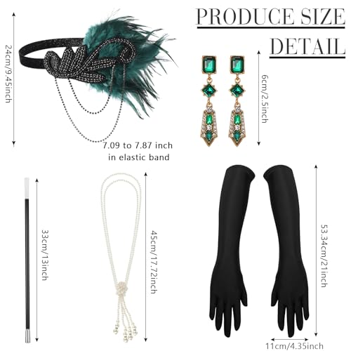 Tisancy 7 Pcs 1920s Women's Flapper Dress Sequin Dress Costume Headwear Earring Necklace Glove Stick Set and Long Feather Boa (Malachite Green,X-Small) - Image 4
