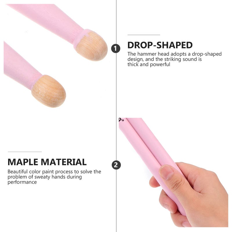 MILISTEN 2 Pairs Maple Wood Drumsticks Maple Percussion Drum Sticks Non Slip Drum Sticks Wood Tip Maplewood Drumstick for Kids Students and Adults, Pink - Image 2