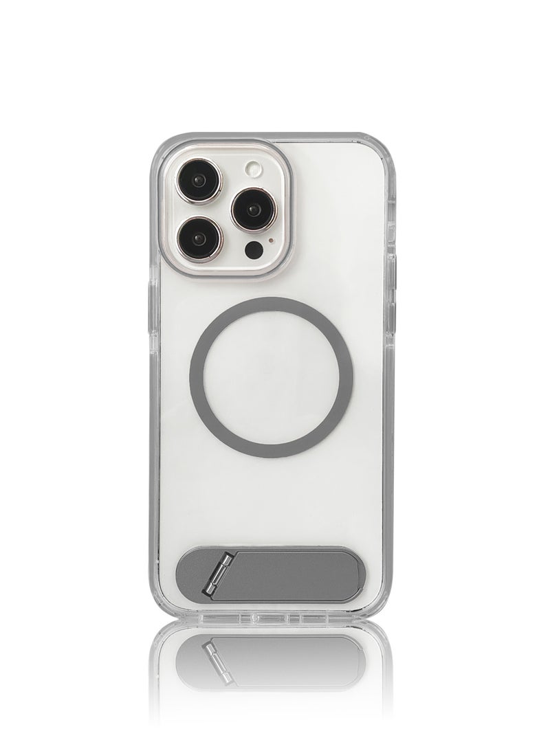 Luxury TPU PC Crystal clear Magnetic Phone case With Holder Stand for iPhone 13 Pro Max case With Metal Stand - Gray