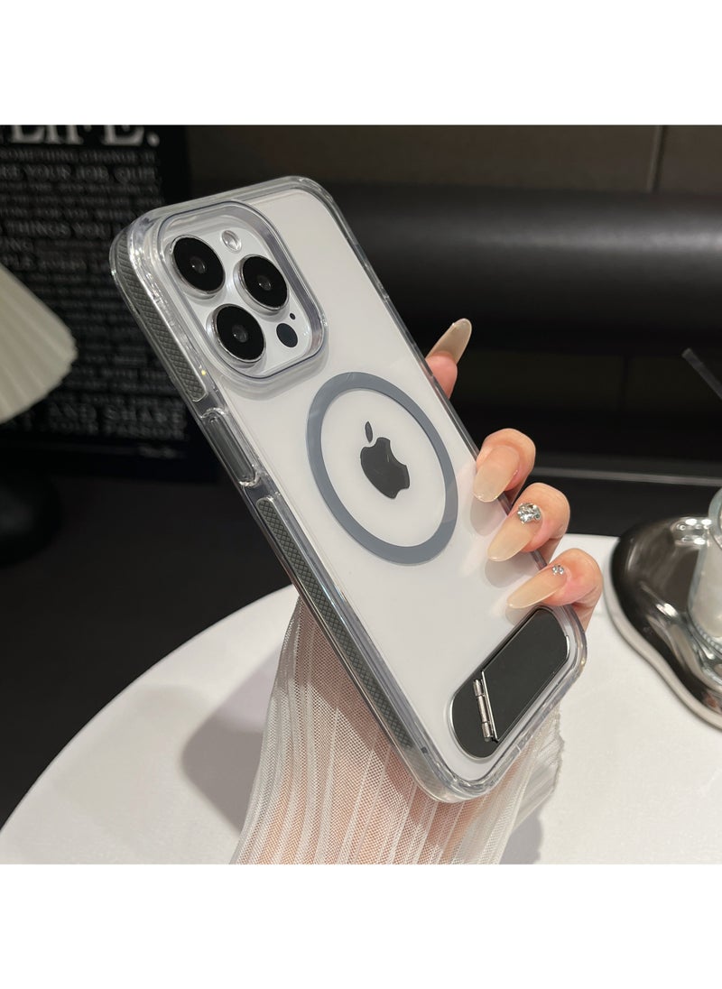 Luxury TPU PC Crystal clear Magnetic Phone case With Holder Stand for iPhone 13 Pro Max case With Metal Stand - Gray