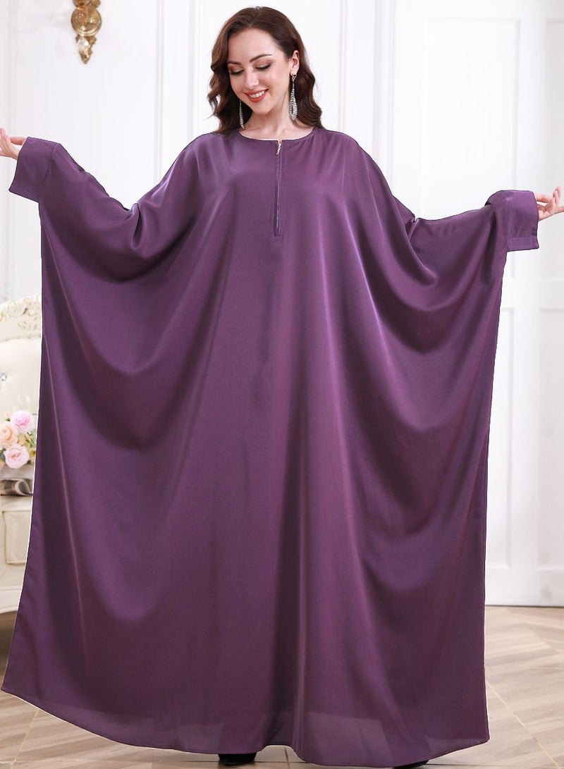 إسكدنيا Women's Casual Solid Color Long Sleeves Abaya Full Length Batwing Sleeves Dress Liturgical Clothes Muslim Dark Purple 