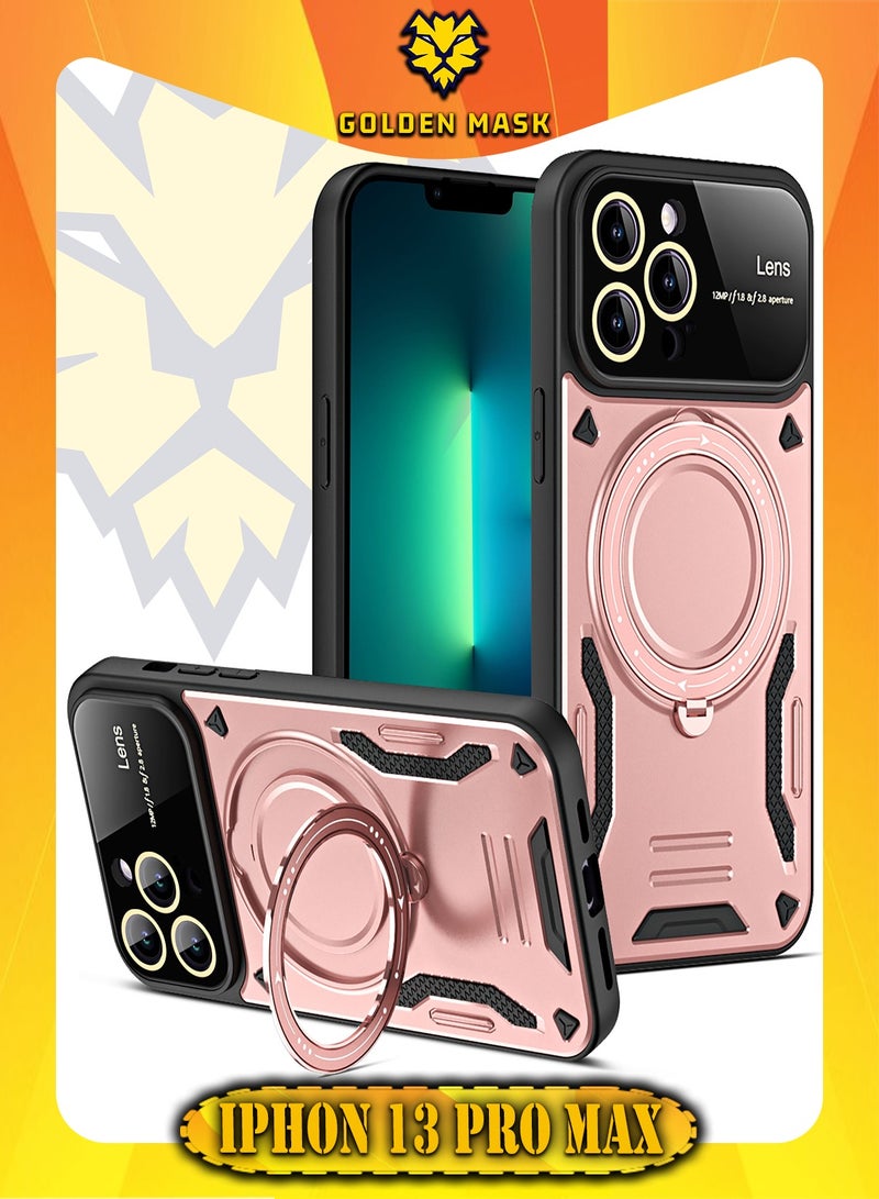 جولدن ماسك لهاتف ايفون 13 برو ماكس (iPhone 13 Pro Max) جراب حماية عدسات كاميرات الموبايل مع حلقة مغناطيسية تدعم الشحن اللاسلكي  - (روز جولد)