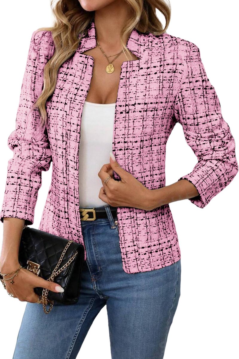 ELLEVEN Womens Blazer Business Casual Suit Jacket Tweed Blazers for Women Slim Fit Fitted Long Sleeve Stand Collar Blazer Dressy Full Lining Coat Cardigan with Padded Shoulder Light Pink X-Large - Image 1