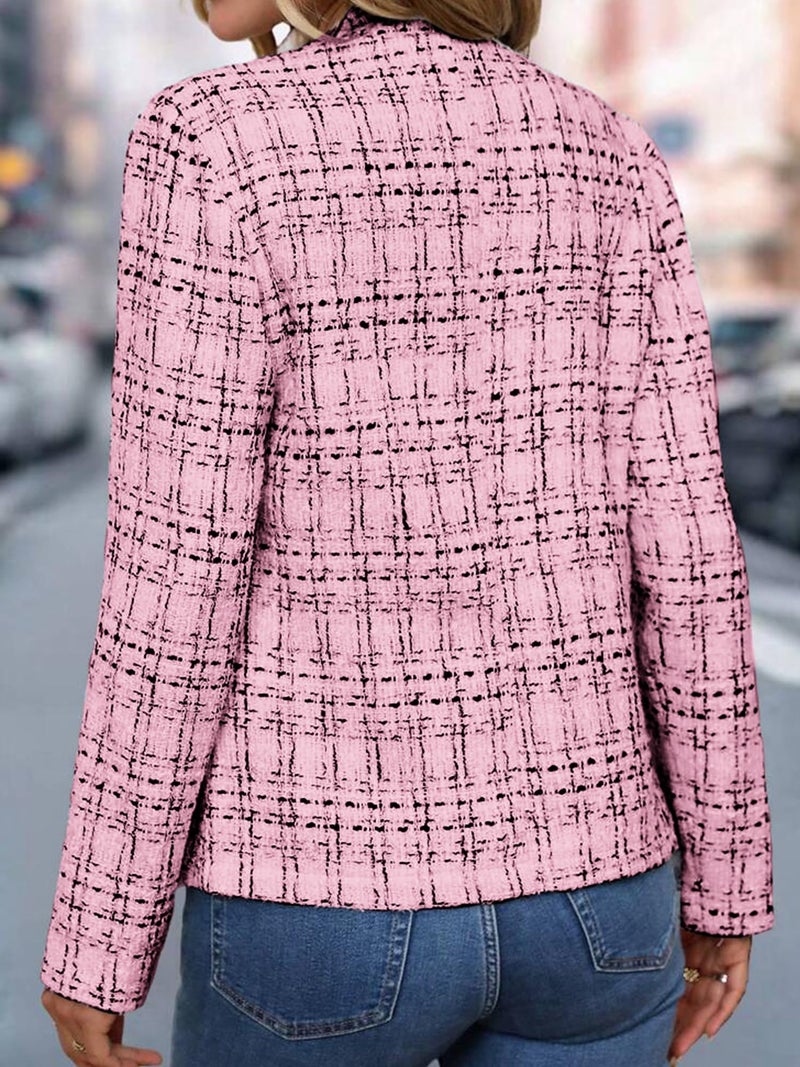 ELLEVEN Womens Blazer Business Casual Suit Jacket Tweed Blazers for Women Slim Fit Fitted Long Sleeve Stand Collar Blazer Dressy Full Lining Coat Cardigan with Padded Shoulder Light Pink X-Large - Image 2
