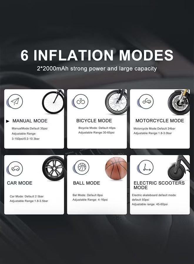 شاومي ضاغط هواء كهربائي محمول 2، مضخة هواء أوتوماتيكية، 150 رطل لكل بوصة مربعة نفخ سريع مع شاشة LCD مزدوجة للسيارة، الدراجة، الدراجة النارية، الكرة، الدراجة، البالون، أسود - Image 4