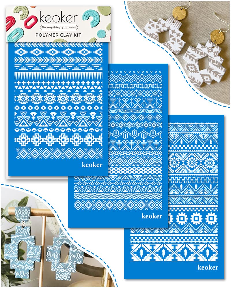 Keoker Aztec Silk Screen Stencils for Polymer Clay 3PCS Aztec Silk Screen for Polymer Clay for Printing on Jewelry Clay Earrings Decoration Each 6 X 38 Aztec