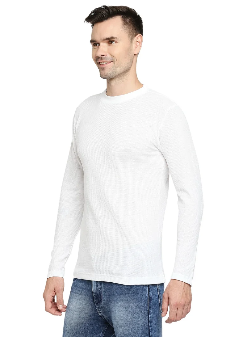 BYC MEN'S COTTON FULL SLEEVES MESH ROUND NECK T-SHIRT - WHITE
