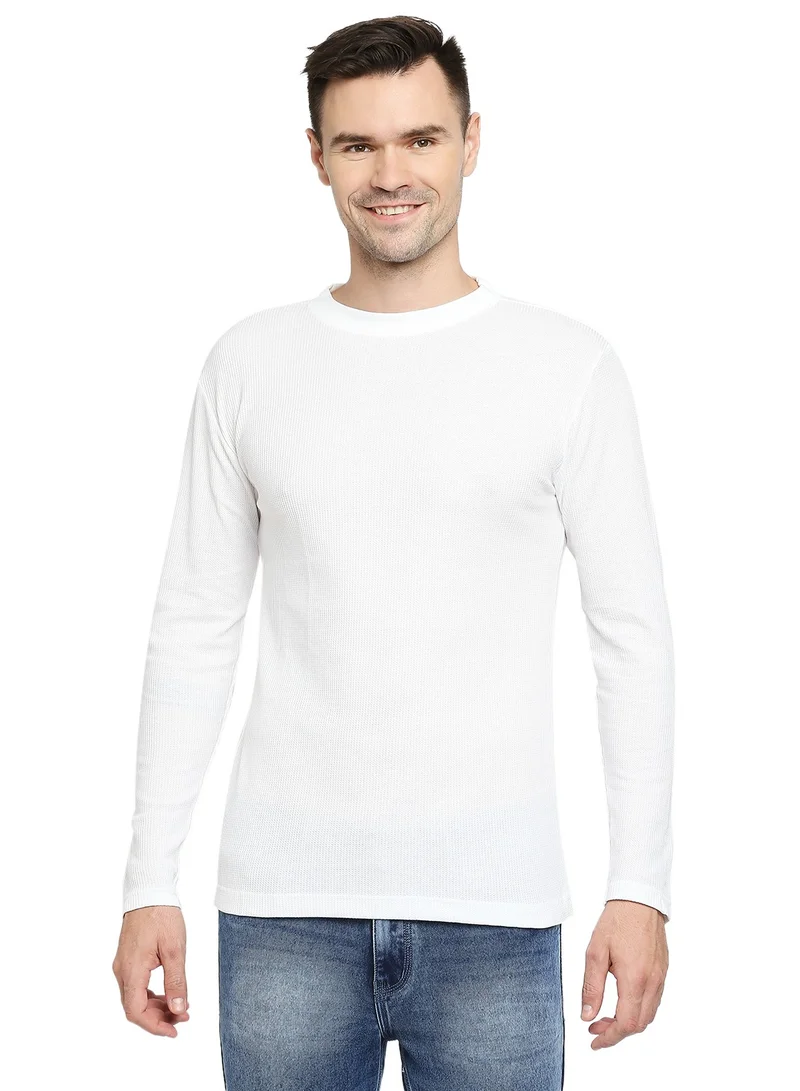 BYC MEN'S COTTON FULL SLEEVES MESH ROUND NECK T-SHIRT - WHITE