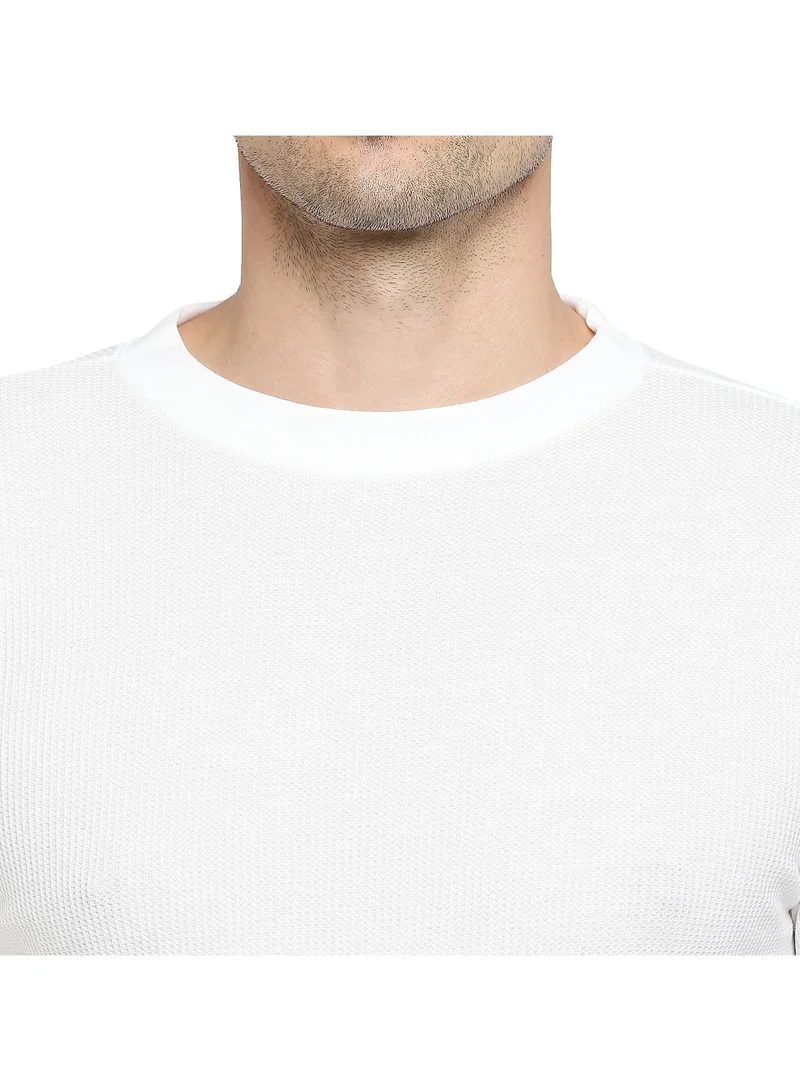 BYC MEN'S COTTON FULL SLEEVES MESH ROUND NECK T-SHIRT - WHITE