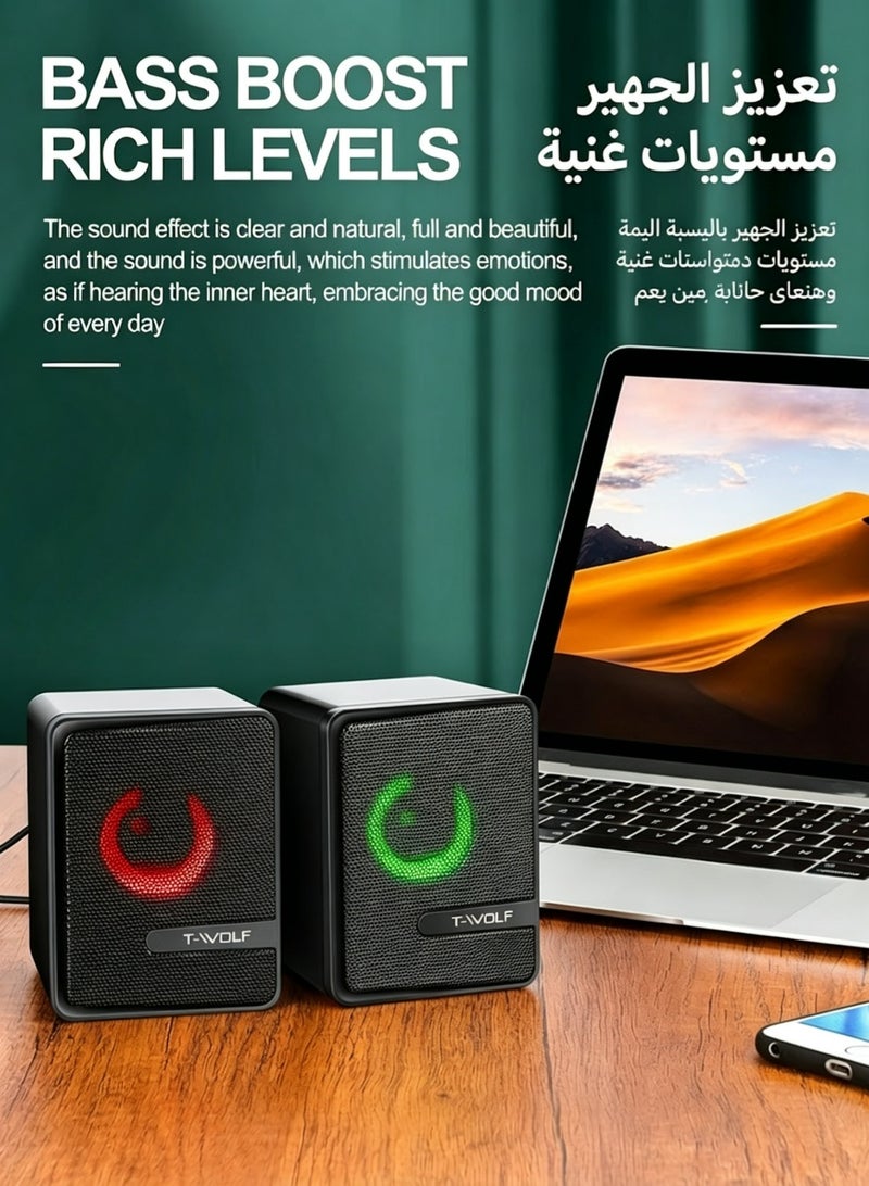 T-WOLF Computer speaker with dynamic RGB lighting, 4D surround sound and subwoofer, wired USB audio speaker suitable for PC laptops - Image 2