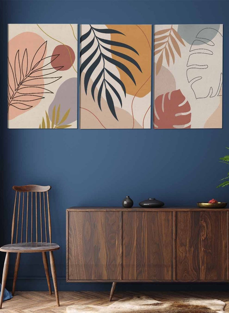 LOWHA Set Of 3 Framed Canvas Wall Arts Stretched Over Wooden Frame Botanical Leaves Lines Paintings For Home Living Room Office Decor - Image 2