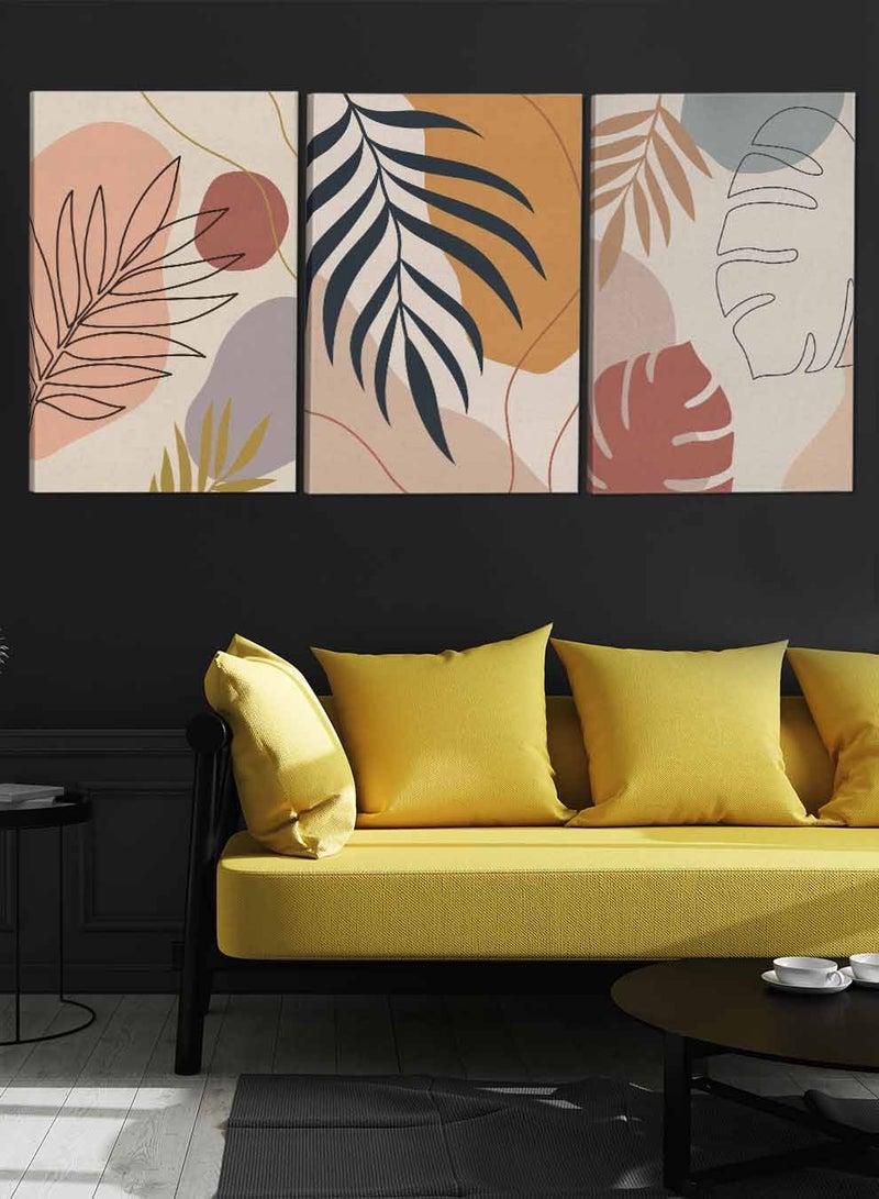 LOWHA Set Of 3 Framed Canvas Wall Arts Stretched Over Wooden Frame Botanical Leaves Lines Paintings For Home Living Room Office Decor - Image 3