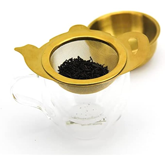 تيلاند مصفاة ذهبية متينة من الفولاذ المقاوم للصدأ مع صينية بحجم مثالي مناسبة لأي إبريق شاي وأكواب وأكواب لنقع أوراق الشاي السائبة الخضراء والأسود والأعشاب من أولونغ 10 × 73 سم - Image 3