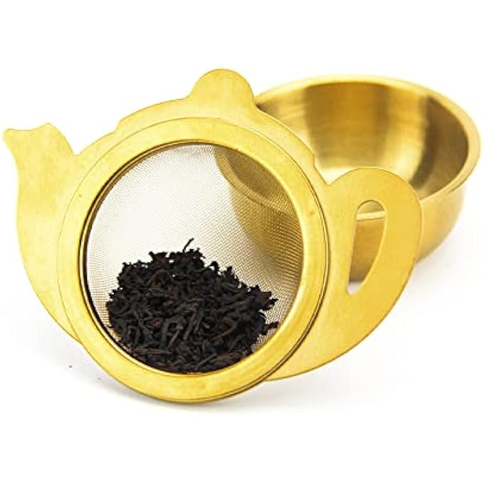 تيلاند مصفاة ذهبية متينة من الفولاذ المقاوم للصدأ مع صينية بحجم مثالي مناسبة لأي إبريق شاي وأكواب وأكواب لنقع أوراق الشاي السائبة الخضراء والأسود والأعشاب من أولونغ 10 × 73 سم - Image 2