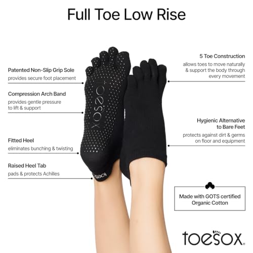 toesox Low Rise Full Toe Grip Socks for Women - Non Slip Ankle Five Toe Barefoot Socks For Barre Yoga Pilates and Ballet - Black, X-Small - Image 2
