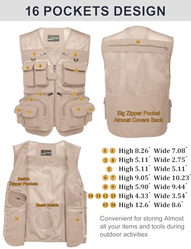 Flygo Men's Fishing Vest Utility Lightweight Outdoor Travel Safari Photo Cargo Vest with 16 pockets mesh Beige XS - Image 2