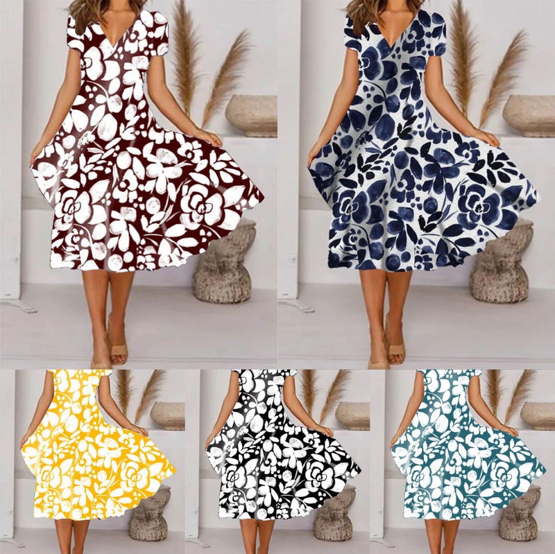 Bohemian Floral Print V-Neck Short Sleeve Dress