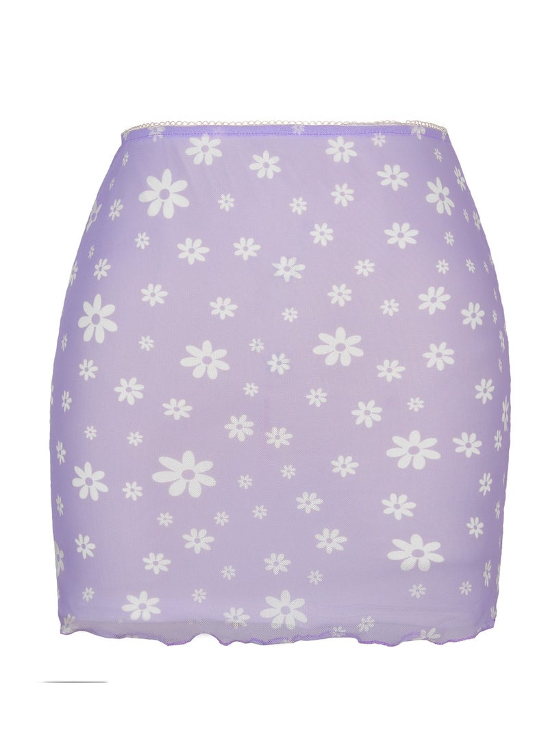 Loquat Women's High Waist Hip Wrap Floral Print Short Mini Skirts Bodycon Pencil Skirt Light Purple/White  - Image 3
