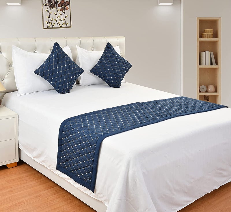 Shri Anand Creations 300TC Quilted Bed Runner and Cushion Cover Combo for Hotel, Guest House, Bedroom- Dark Blue - Image 1