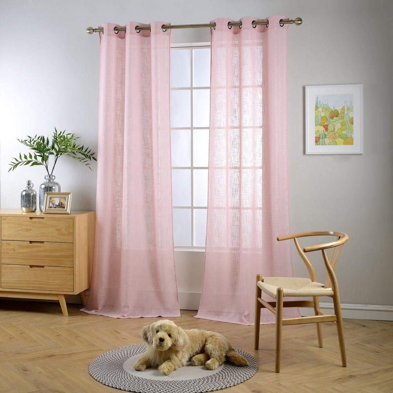 MIUCO Semi Sheer Curtains Poly Linen Textured Solid Grommet Curtains 84 Inches Long for Girls Room 2 Panels (2 x 37 Wide x 84" Long) Pink - Image 1