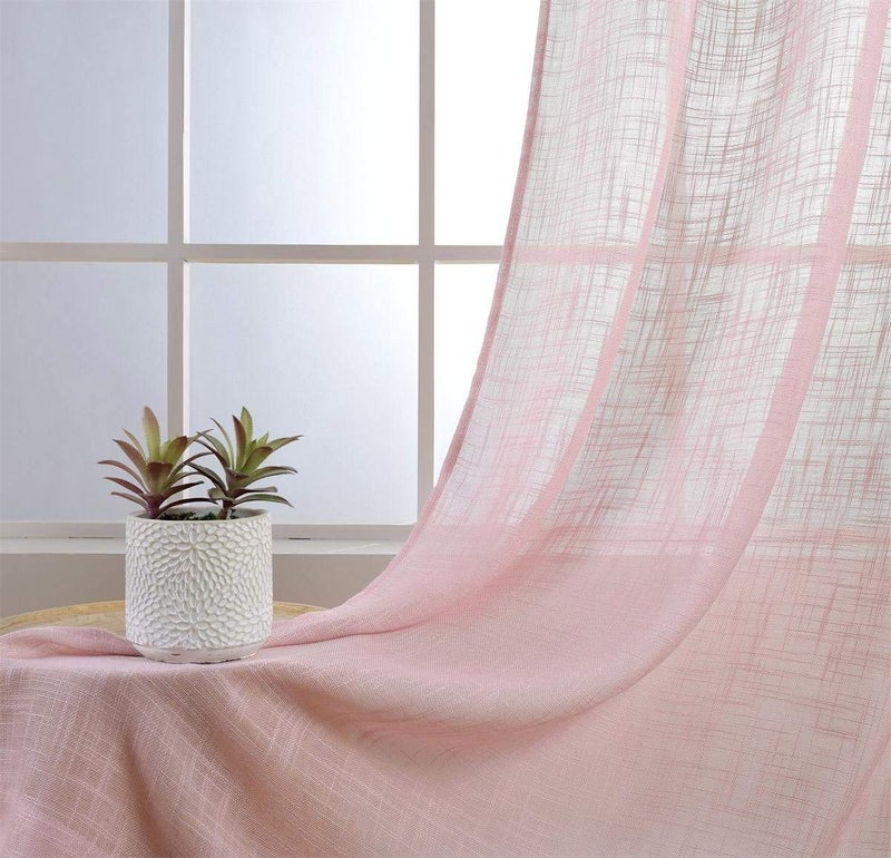 MIUCO Semi Sheer Curtains Poly Linen Textured Solid Grommet Curtains 84 Inches Long for Girls Room 2 Panels (2 x 37 Wide x 84" Long) Pink - Image 3