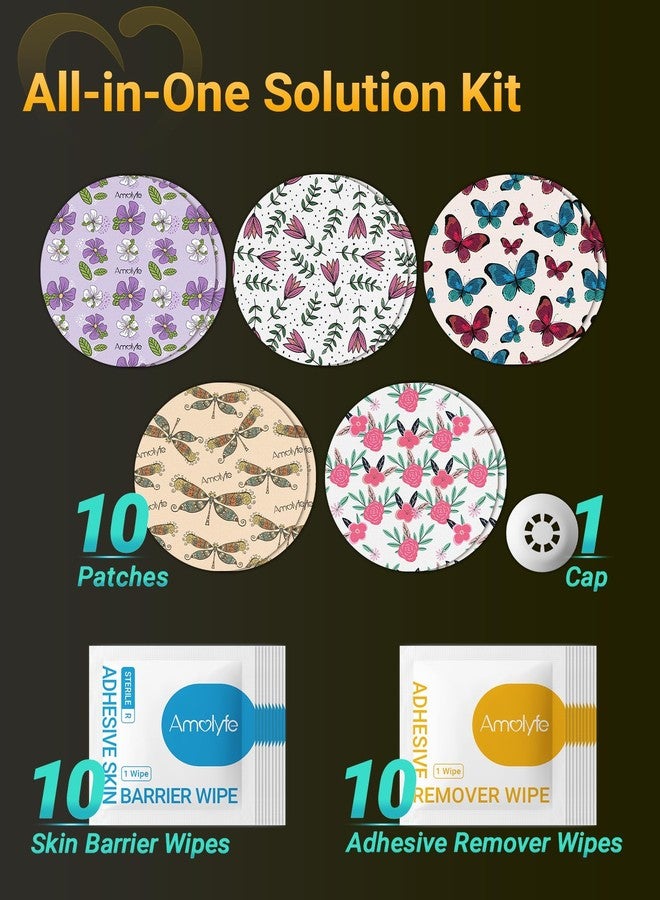 Amolyfe Libre 3 Sensor Covers Solution Kit - 10 Pack Libre 3 & Plus Covers Waterproof, 10 Skin Barrier Wipes & 10 Adhesive Remover Wipes for Enhanced Adhesion & Skin Protection (Flower) - Image 2