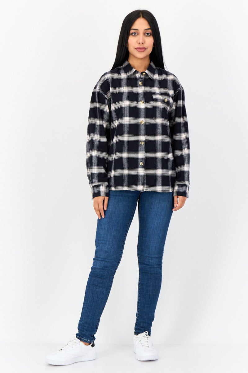 GIORDANO قميص نسائي بأكمام طويلة وياقة مفتوحة، مزخرف بمربعات، متعدد الألوان - Image 2