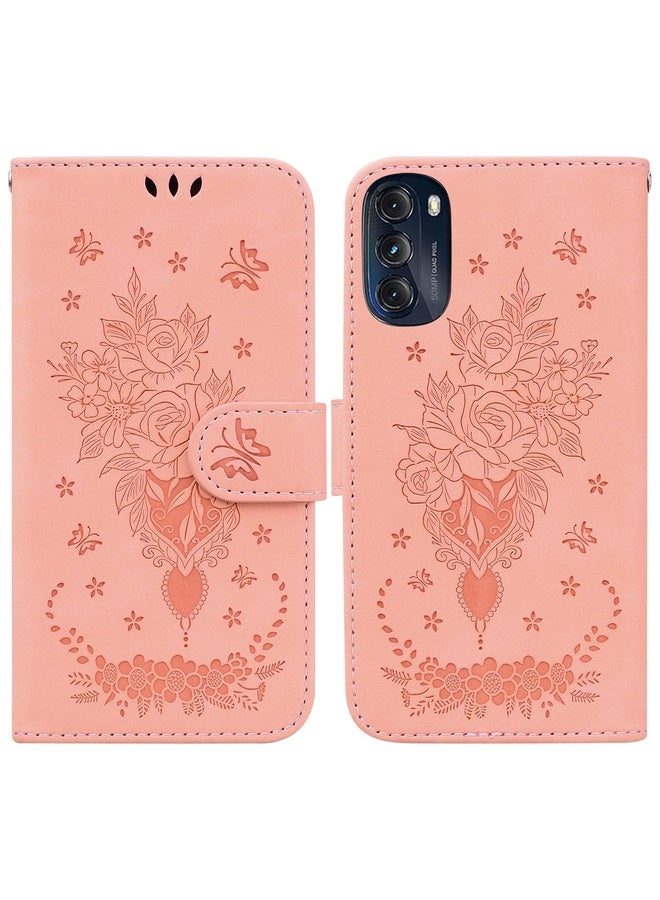For Motorola Moto G 2022 Butterfly Rose Embossed Leather Phone Case(Pink)