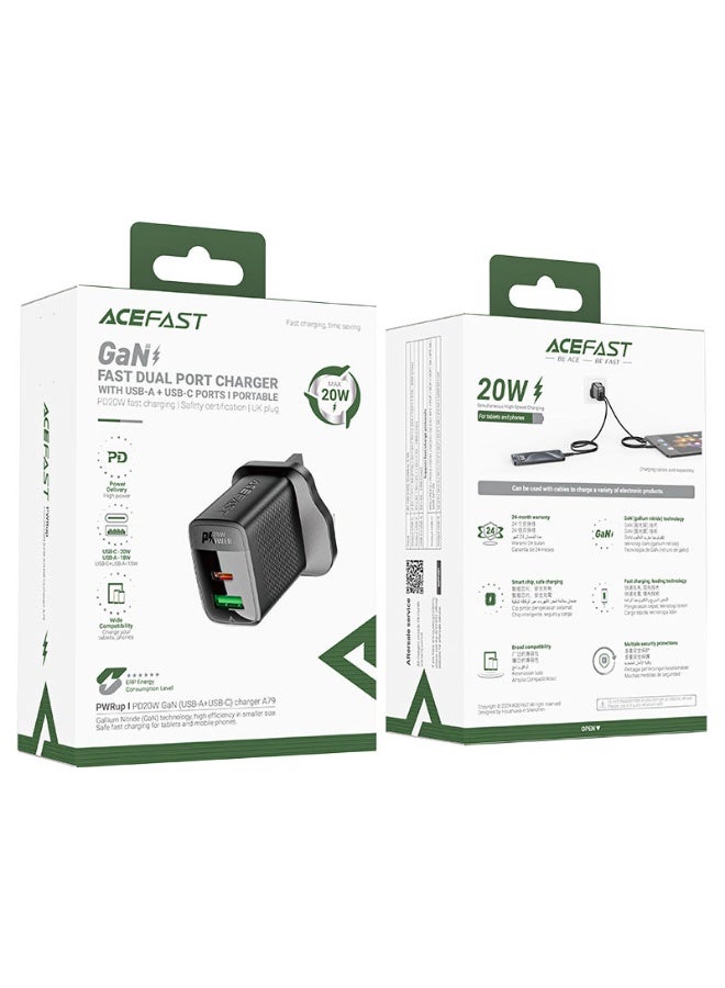 أسيفاست شاحن حائط ACEFAST A79 بقوة 20 واط مع USB-C و USB-A ومقبس بريطاني - Image 1
