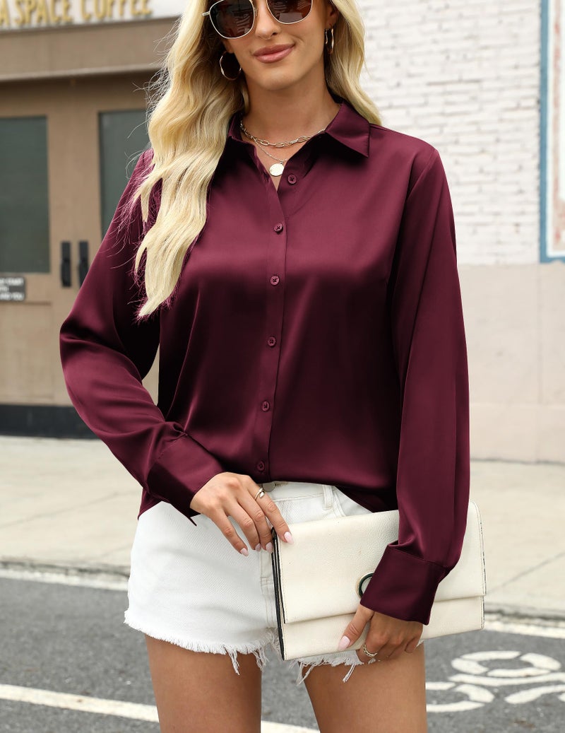 Zeagoo Satin Blouses for Women Silk Button Down Shirts Long Sleeve Blouses Dressy Casual Wine Red - Image 2
