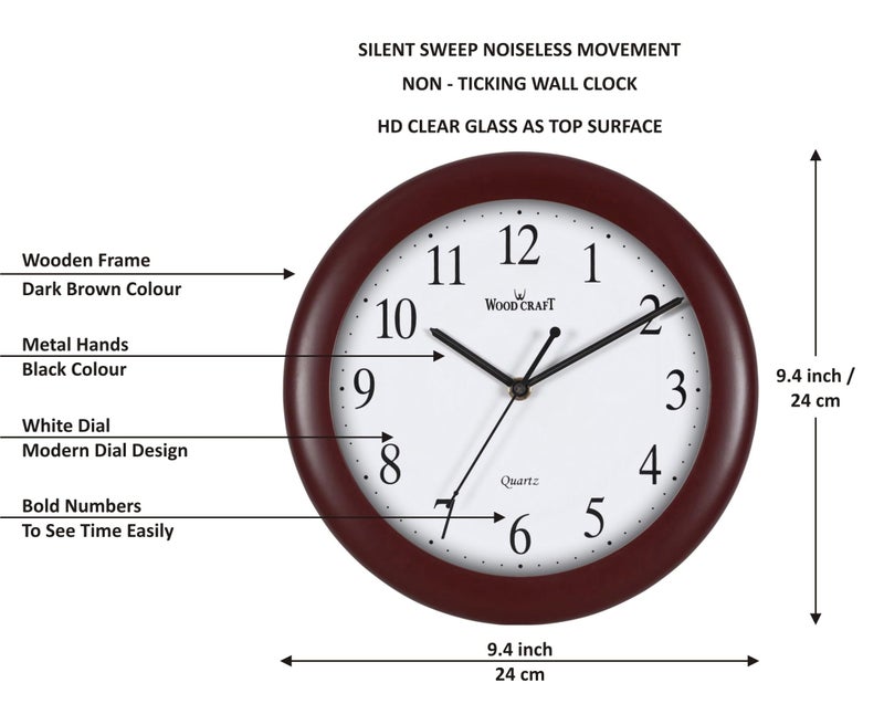 Wood Craft W-17: Traditional Analog Wooden Wall Clock - 24 cm x 24 cm x 4 cm, Round, Dark Brown Frame-White Dial - Image 3