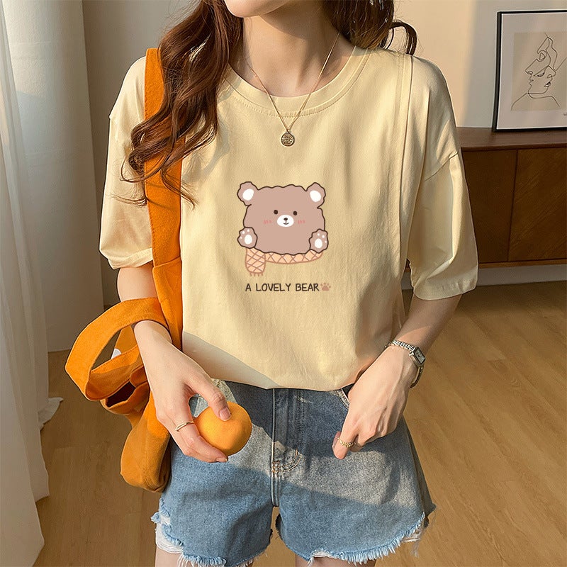 Summer Nursing T-Shirt for New Moms Beige scarf bear [loose version short sleeve]] 