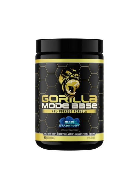 Gorilla Mode Base Pre Workout - Raises Nitric Oxide · Intense Focus & Drive · Endurance · Power - L-Citrulline, L-Tyrosine, Betaine, Alpha-GPC, Caffeine, Huperzine A - 360 Grams (Blue Raspberry)