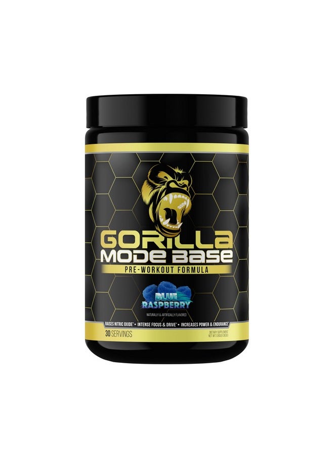 Gorilla Mind - Gorilla Mode Base Pre Workout - Raises Nitric Oxide · Intense Focus & Drive · Endurance · Power - L-Citrulline, L-Tyrosine, Betaine, Alpha-GPC, Caffeine, Huperzine A - 360 Grams (Blue Raspberry) - Image 1