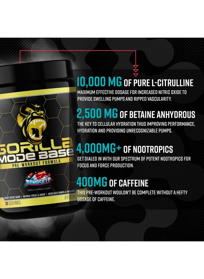 Gorilla Mind - Gorilla Mode Base Pre Workout - Raises Nitric Oxide · Intense Focus & Drive · Endurance · Power - L-Citrulline, L-Tyrosine, Betaine, Alpha-GPC, Caffeine, Huperzine A - 360 Grams (Blue Raspberry) - Image 1