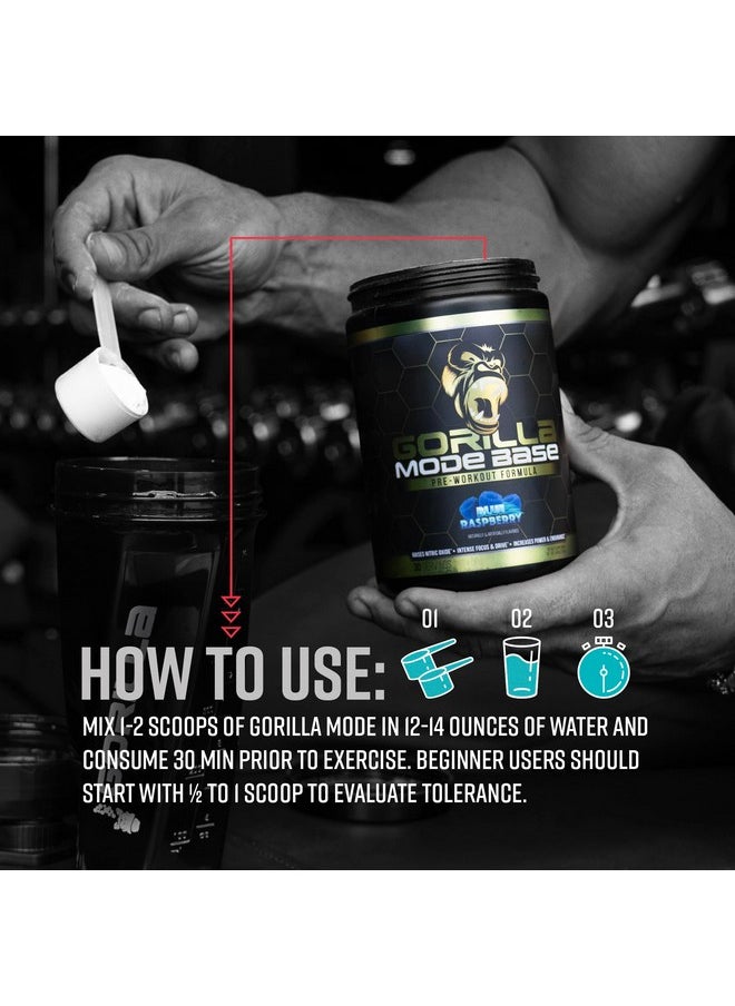 Gorilla Mind - Gorilla Mode Base Pre Workout - Raises Nitric Oxide · Intense Focus & Drive · Endurance · Power - L-Citrulline, L-Tyrosine, Betaine, Alpha-GPC, Caffeine, Huperzine A - 360 Grams (Blue Raspberry) - Image 1