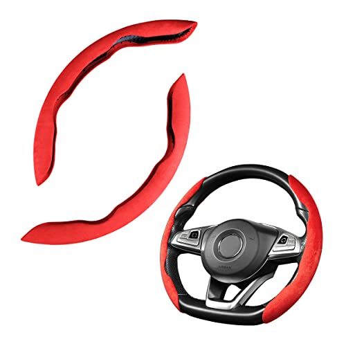 LoyaForba Car Steering Wheel Cover Microfiber Suede Leather and Carbon Fiber Double Sided Design Warm in Winter and Cool in Summer Breathable Non Slip Segmented Protector for Most Cars Turn FurRed - Image 1