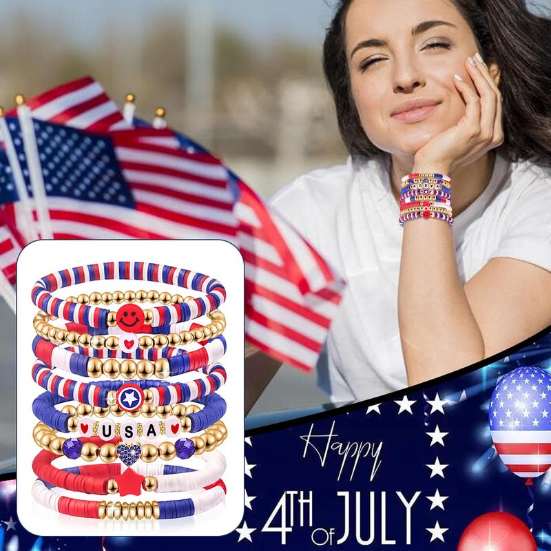 lakayfimily 4th of July Gifts for Men Women Teens Red White Blue Clay Beaded Stretch Stackable Bracelets USA Patriotic Jewelry Accessories (USA) - Image 4