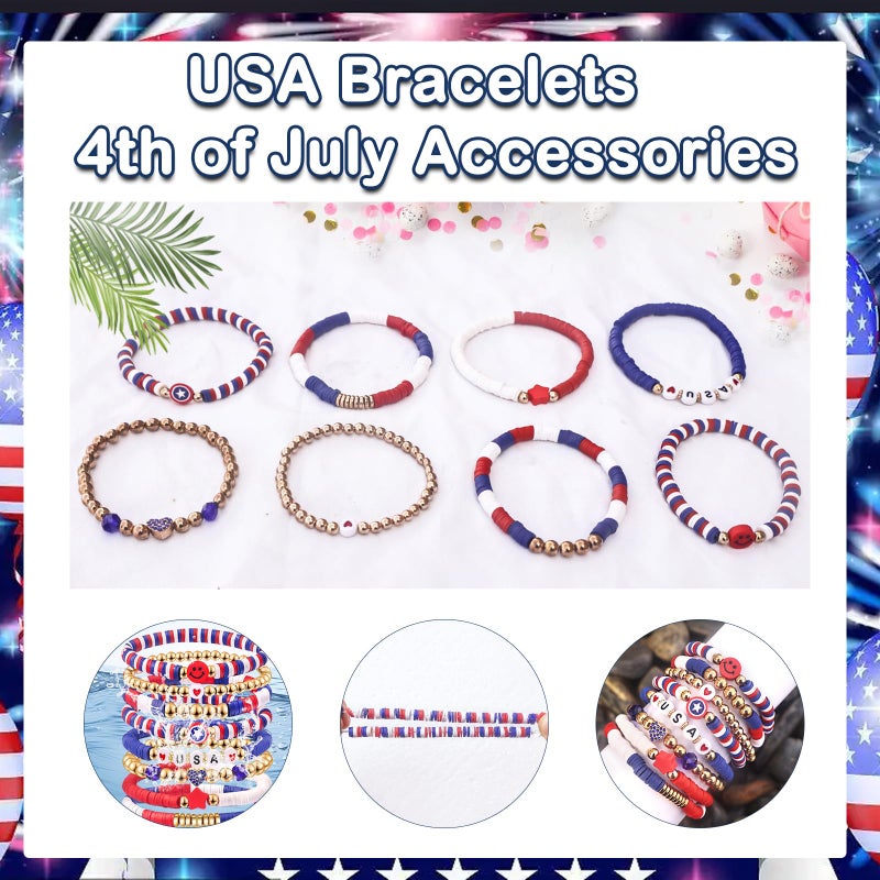 lakayfimily 4th of July Gifts for Men Women Teens Red White Blue Clay Beaded Stretch Stackable Bracelets USA Patriotic Jewelry Accessories (USA) - Image 3