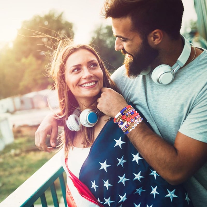 lakayfimily 4th of July Gifts for Men Women Teens Red White Blue Clay Beaded Stretch Stackable Bracelets USA Patriotic Jewelry Accessories (USA) - Image 5