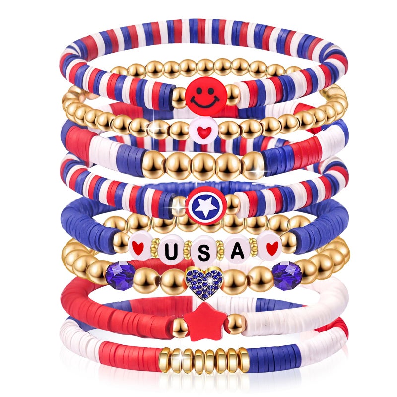 lakayfimily 4th of July Gifts for Men Women Teens Red White Blue Clay Beaded Stretch Stackable Bracelets USA Patriotic Jewelry Accessories (USA) - Image 1