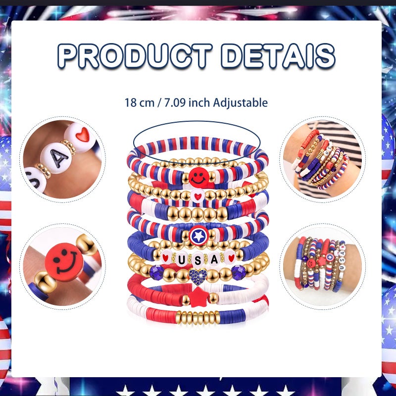 lakayfimily 4th of July Gifts for Men Women Teens Red White Blue Clay Beaded Stretch Stackable Bracelets USA Patriotic Jewelry Accessories (USA) - Image 2