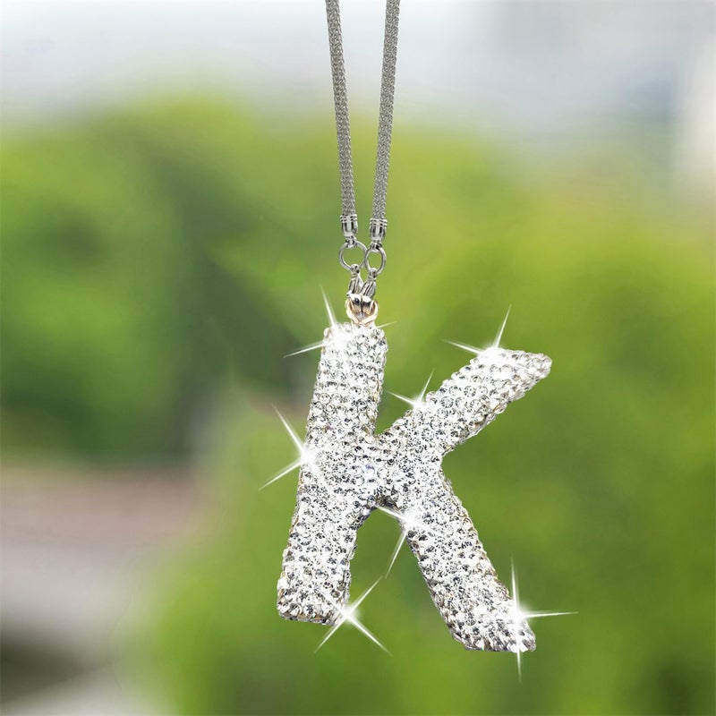 WedFeir Bling Car Rear View Mirror Letter Pendant Crystal Rear View Mirror Charms Letter K AccessoriesCute Lucky Hanging Ornament Pendant Hanging Accessories for Women Silver