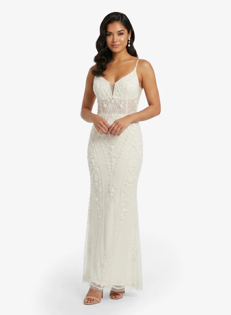 Namshi x Plunge Neck Bead Embellished Evening Gown