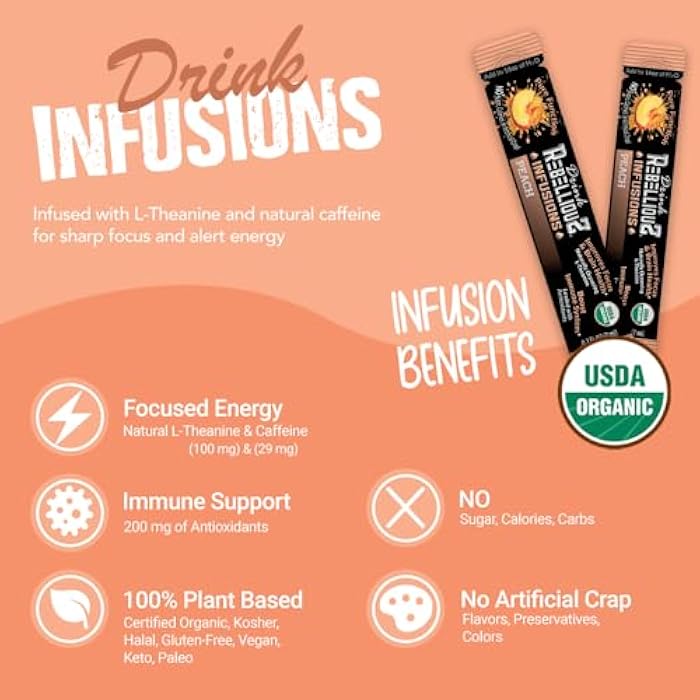 Rebellious Peach Organic Drink Mix – Organic Zero Calorie Energy Drink Mix | Monk Fruit & Green Tea Extract | L-Theanine + Natural Caffeine | 100% Plant-Based | Pack of 10 | Keto, Kosher, Gluten-Free - Image 2