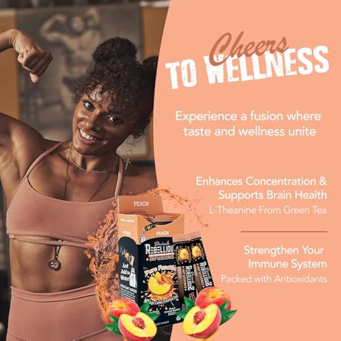Rebellious Peach Organic Drink Mix – Organic Zero Calorie Energy Drink Mix | Monk Fruit & Green Tea Extract | L-Theanine + Natural Caffeine | 100% Plant-Based | Pack of 10 | Keto, Kosher, Gluten-Free - Image 5