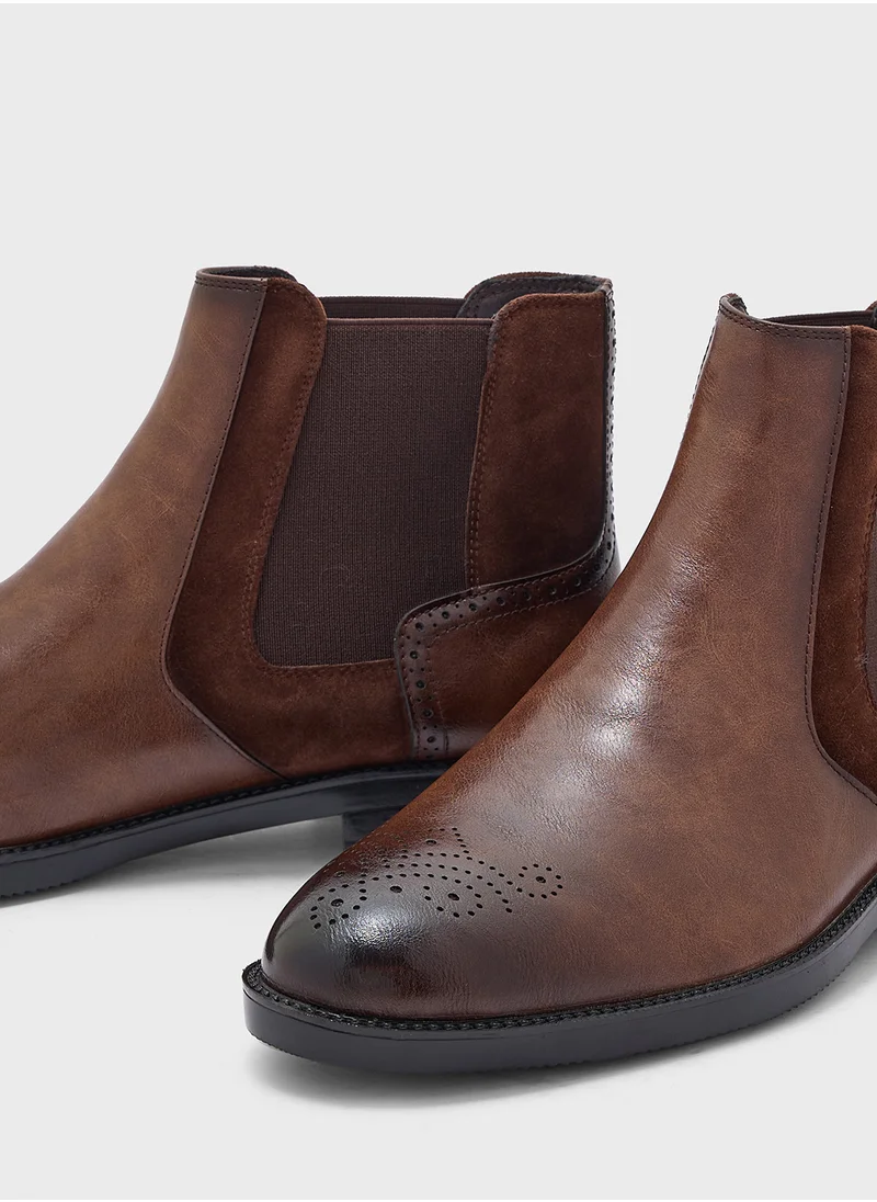 Robert Wood Brogue Design Formal Chelsea Boots