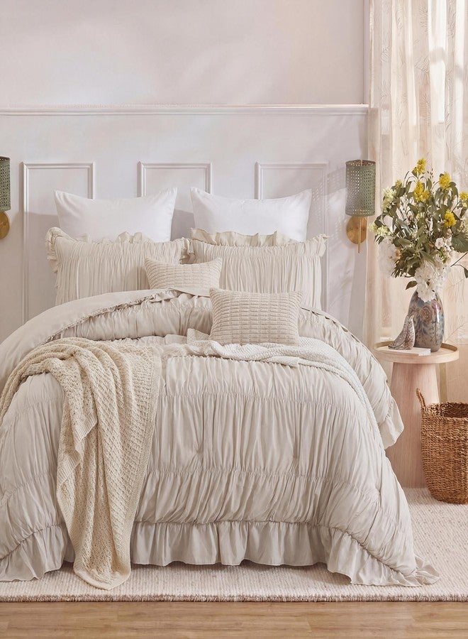 Herside Beige Ruffle Duvet Cover Set King Size,Ruched Boho Bedding 3 Pieces Shabby Chic Luxury Wrinkle Ruffle Comforter Cover Set,Breathable and Soft Microfiber Quilt Cover Set for All Seasons - Image 1