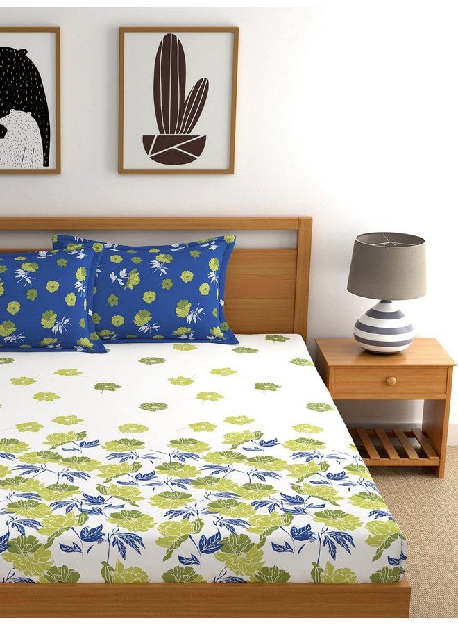 Dreamscape 100% Cotton King Fitted Bedsheet with 2 Pillow Covers, 140 tc Cotton Floral Blue Bedsheet for King Fitted Bed (6ft X 6.5ft) - Image 3