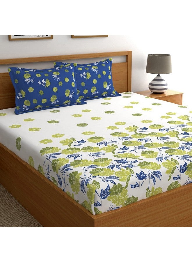 Dreamscape 100% Cotton King Fitted Bedsheet with 2 Pillow Covers, 140 tc Cotton Floral Blue Bedsheet for King Fitted Bed (6ft X 6.5ft) - Image 1
